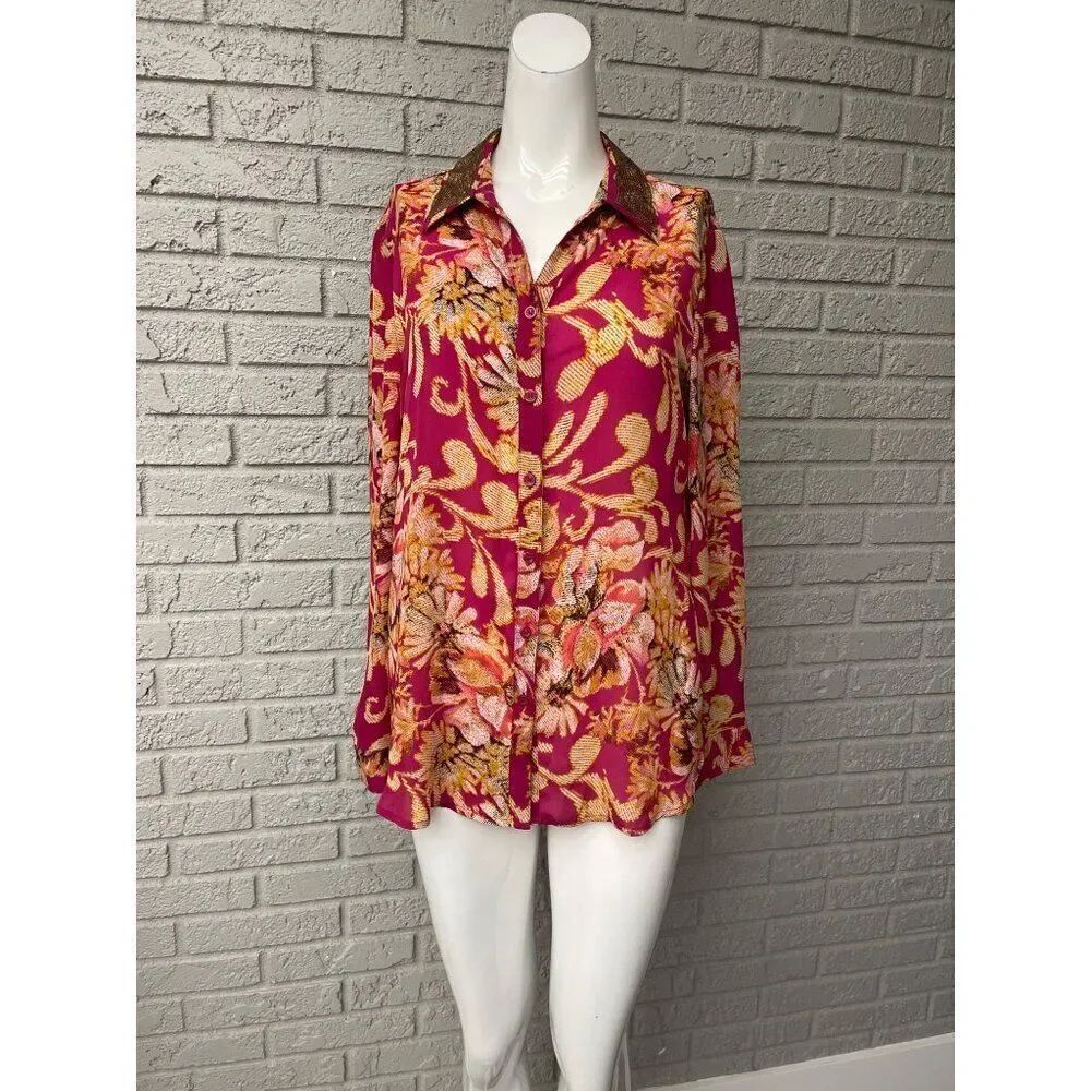 JM Collection Women Multicolored Long Sleeve Gold Sequin Collar Shirt Size 10